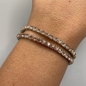 Vintage Gold Tone Pink Rhinestone Bangle Cuff Statement Bracelets Set of Two